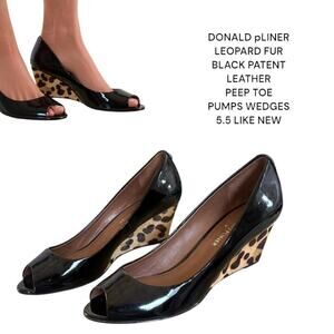 DONALD PLINER LEOPARD FUR BLACK PATENT LEATHER PEEP TOE PUMPS SIZE 5.5 LIKE NEW.